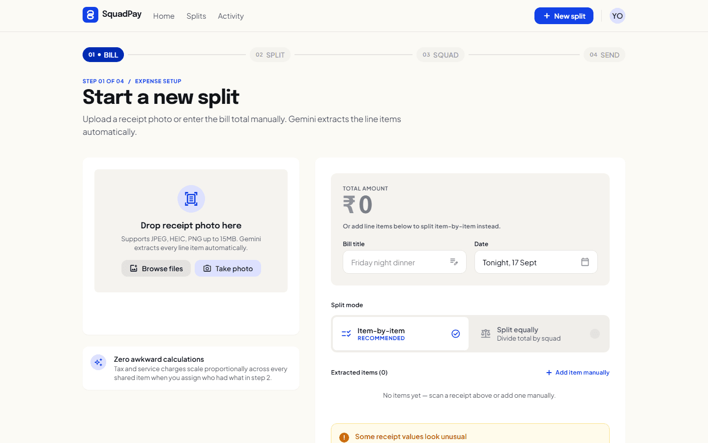SquadPay new split screen: upload a receipt photo or enter the bill total, Gemini extracts line items automatically